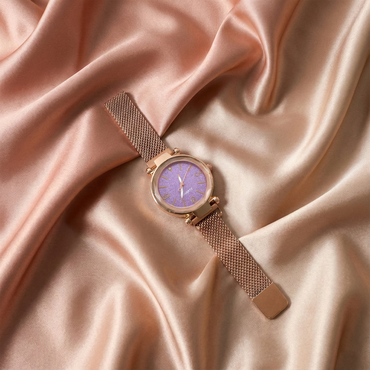 Elegant Rose Gold Mesh Strap Analog Wrist Watch For Women (1 Pc)